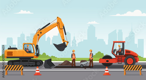 Construction Site Vector Illustration Featuring Excavator Road Roller and Workers on a City Background Project Site Scene
