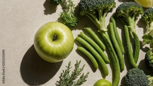 Overhead shot of fresh green vegetables and fruit arranged on a light brown surface