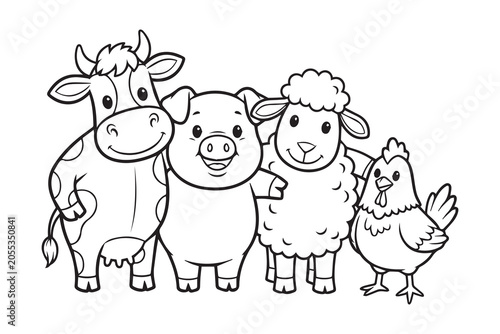 Cute Barnyard Animals Coloring Book Page. Smiling cow, pig, sheep and chicken in a farm animal illustration, clean outline drawing for kids coloring books, preschool education. 