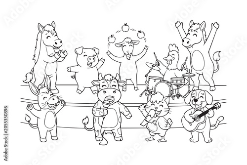 Happy Farm Animal Friends Coloring Book Scene. Cute farm animals gathered together in a cheerful countryside scene, black and white outline drawing with cow, pig, sheep, horse and chicken for kids. 