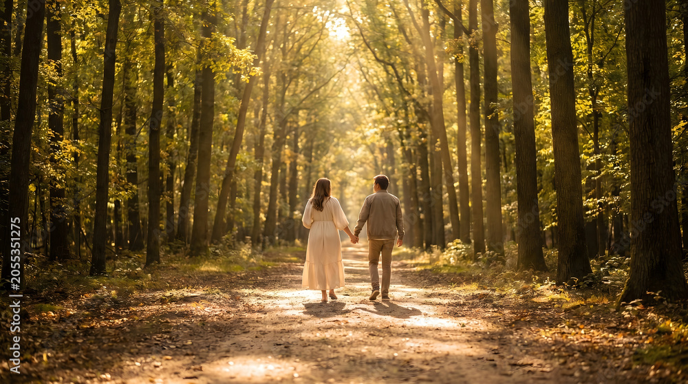 Fototapeta premium A couple holding hands walking along a sunlit forest path in autumn with golden light filtering through tall trees