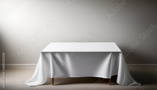 An Empty Table With A Clean White Tablecloth Stands Against A Blank Wall Backdrop