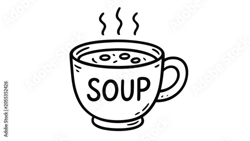 Hand drawn illustration of hot soup in a mug with illustration, breakfast