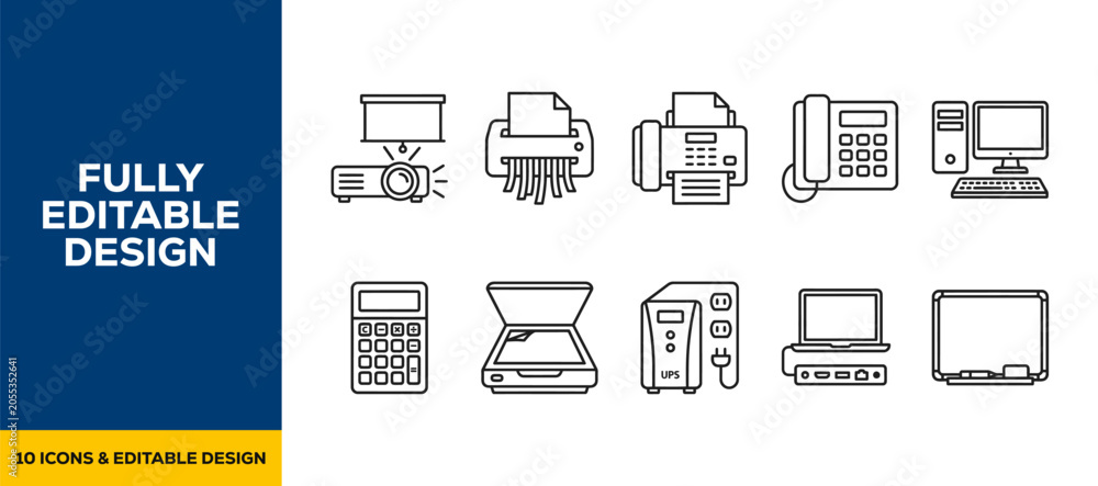 Fototapeta premium Office supplies administrative desk flat line art vector icon bundle illustration design for work organization task daily admin stationery paperwork and corporate work