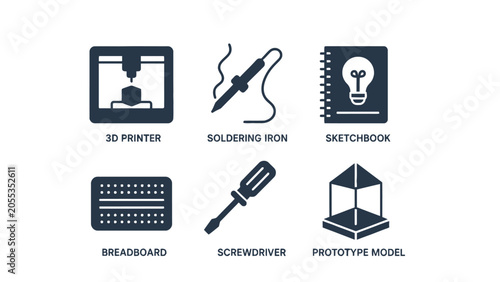 Engineering and electronics maker workshop icons set with engineering