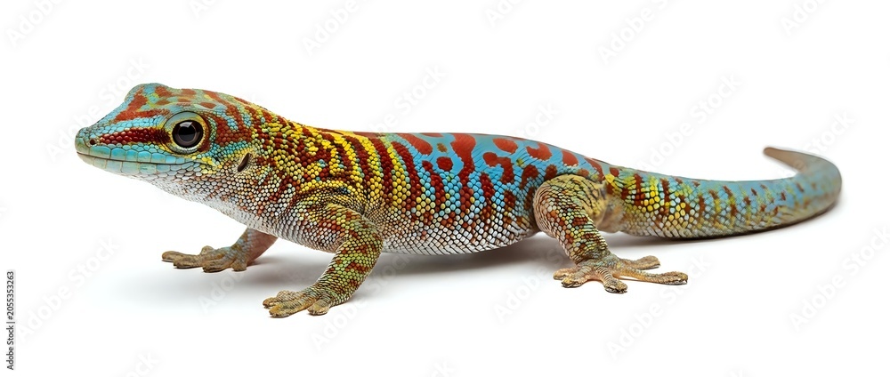 Fototapeta premium Colorful lizard with golden and turquoise patterned scales isolated on white background, suitable for wildlife education, nature design projects and reptile illustrations.