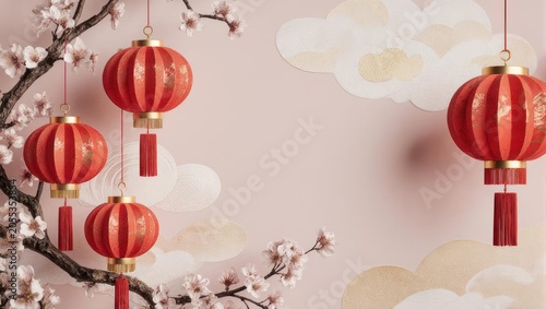Red lanterns with gold accents hang among blooming branches and clouds against a pink backdrop