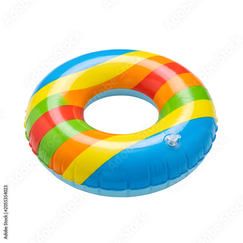 Vibrant rainbow inflatable pool float on transparent background for summer fun