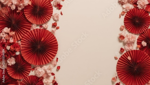 Red paper fans and floral accents frame a blank space on a light beige surface