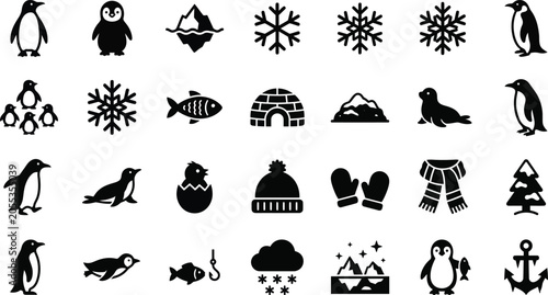 Foto Winter icons, black silhouette symbols, cold weather graphics, 25 penguin snowfl