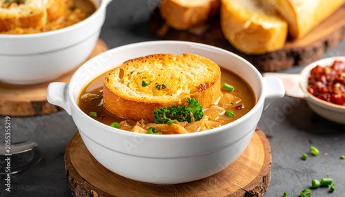 Steaming hot potage. Comforting bowl of traditional french soupe a l'oignon featuring savory broth and melted cheese on toast.