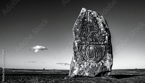 Ancient Rune Stone in Open Landscape.