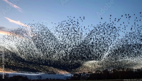 Large flock of birds flying over water.