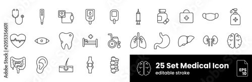 25 Medical and Healthcare Icons Set – Hospital, Anatomy, Diagnosis, Treatment and Medical Equipment Editable Stroke Vector Collection