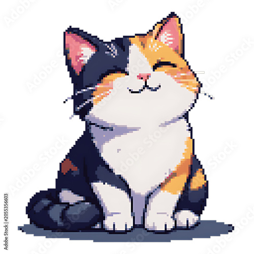 Smiling calico cat pixel art transparent background, PNG