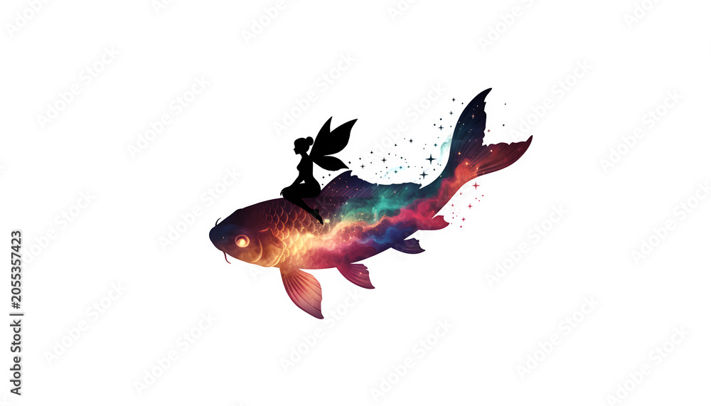 Fototapeta premium Fantasy fairy silhouette riding a cosmic koi fish, magical nebula galaxy fish art on white background, ethereal celestial creature illustration