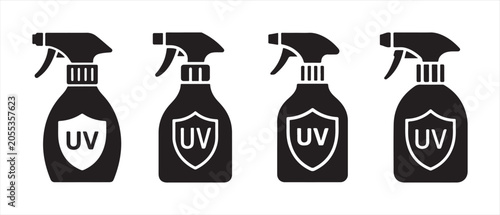 Set of UV Protection Spray Bottle Icons for Sunscreen and Skincare Products in Minimalist Style.