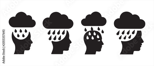 Bild auf Leinwand Set of human head silhouettes with rain clouds representing mental health struggles and depression
