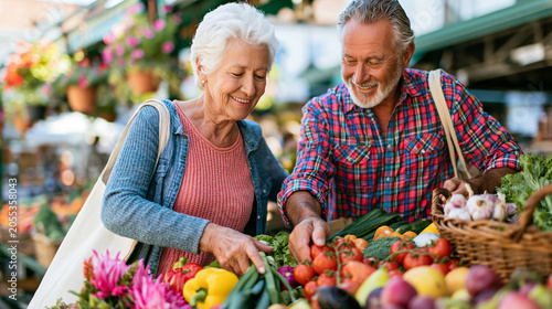 Rentner kaufen frische Produkte auf dem Markt. Abwechslungsreiches Essen und gesunde Ernährung mit Freude