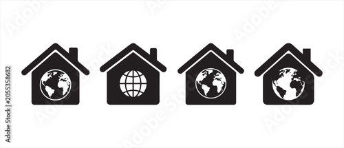 Set of house and globe icons representing global real estate and international property market.