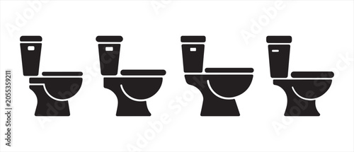 Set of Toilet Bowl Icons Showing Side View Profiles in Minimalist Black Graphic Style.