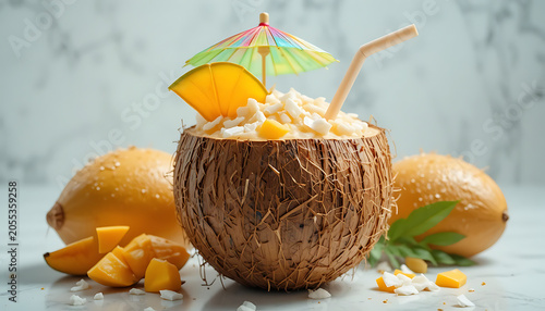 Coconut milk cocktail served in fresh coconut on beach background