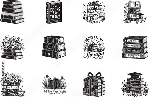 Fotografie Book Lover Typography and Vintage Book Stack Collection Reading Quotes Vector Bu