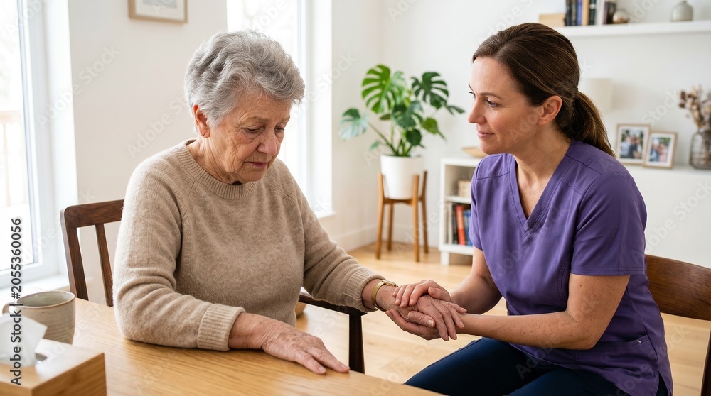 © INSPIRIA.K - Woman nurse holding hand of sad senior woman. Caregiver comforting elderly patient with memory loss. Mental health support, dementia treatment and professional home healthcare assistance.