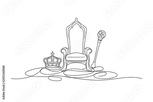Minimal line art of royal throne with ornate crown and ceremonial scepter on the floor, symbolizing monarchy, authority, and regal power