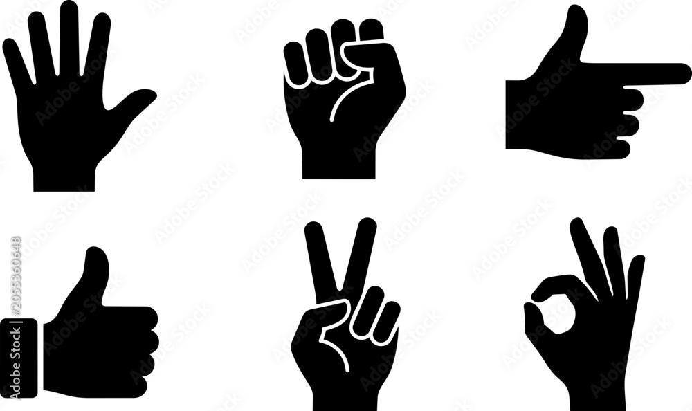 Fototapeta premium Black silhouette vector illustration set showing various hand gestures and common human communication sign signals