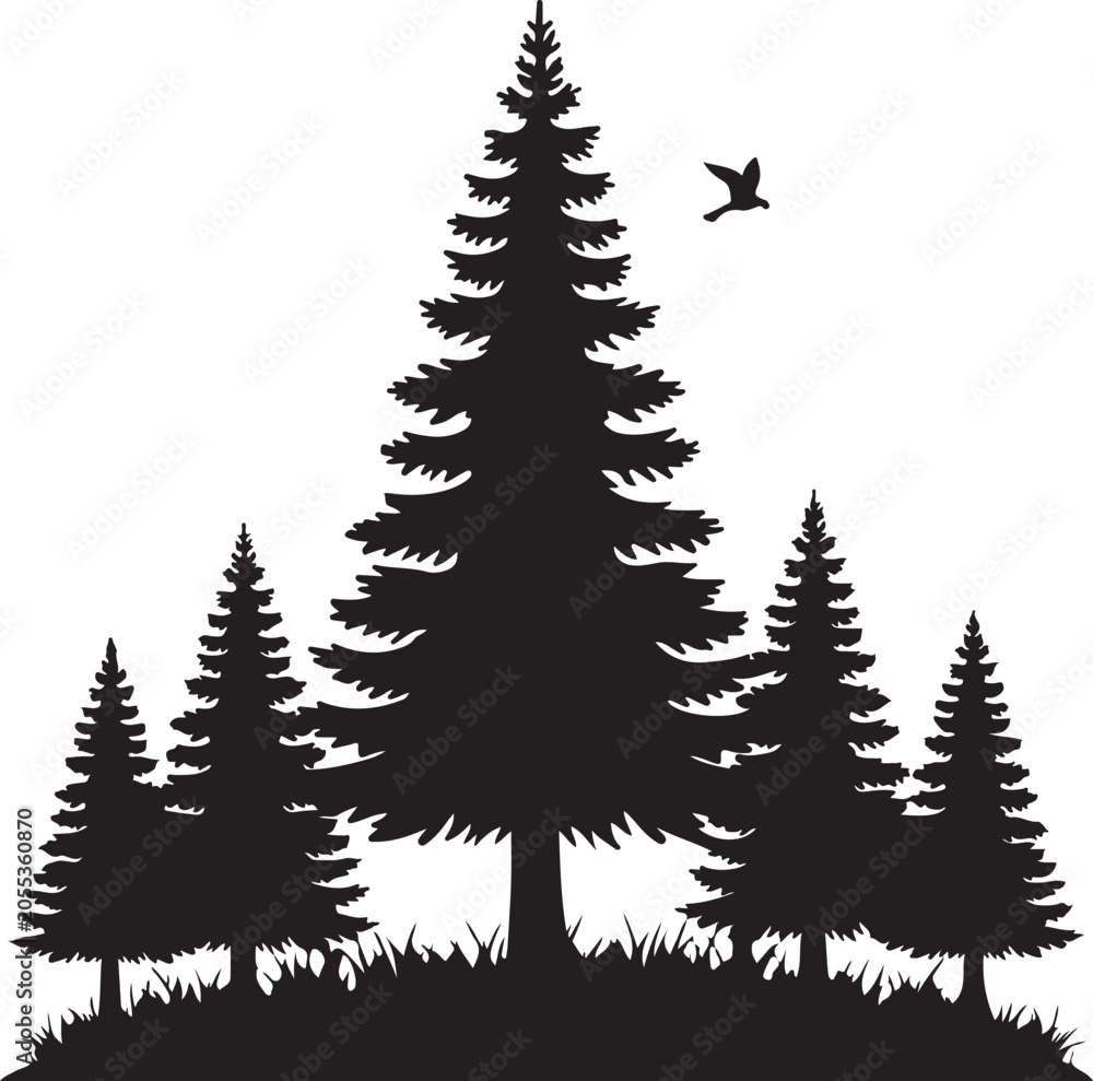 Fototapeta premium Pine tree forest silhouette, black trees, evergreen woods, nature landscape, vector icons