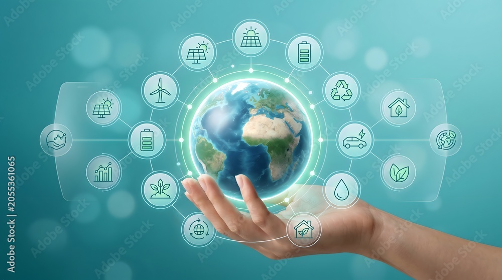 Fototapeta premium Hand holding realistic earth globe with sustainability and renewable energy icons