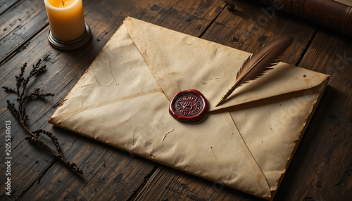 Old vintage envelope with wax seal on aged paper surrounded by compass map and antique travel items on wooden table background