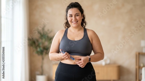 Woman injecting medication for weight loss into abdomen. Patient self administering diabetes medicine with pen injector. Obesity treatment, healthcare and healthy lifestyle management concept.