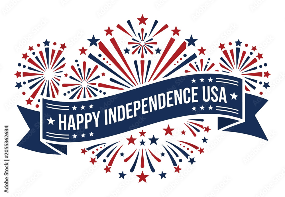 Obraz premium American independence day greeting with fireworks display and dark blue ribbon banner for usa holiday.