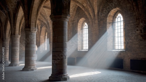 vault. Vast hall interior with stone pillars and golden light from a large window. real-estate listings, architecture portfolios, designed for architectural facade and classical detail presentations.