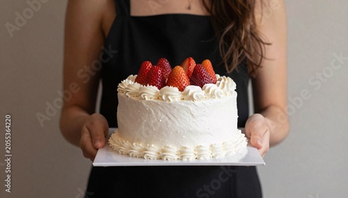 Woman in black apron holding cake decorated with white frosting and strawberries