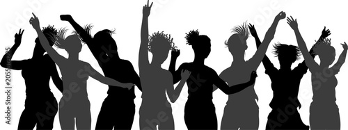 Silhouettes of women dancing in dynamic motion, suitable for scenes at a gig, party, festival, or celebration. Perfect for themes of music, energy, nightlife, performance culture and modern lifestyle