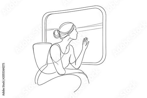 Minimal line drawing of a seated woman passenger looking out a train window, calm travel moment with simple monochrome outline illustration