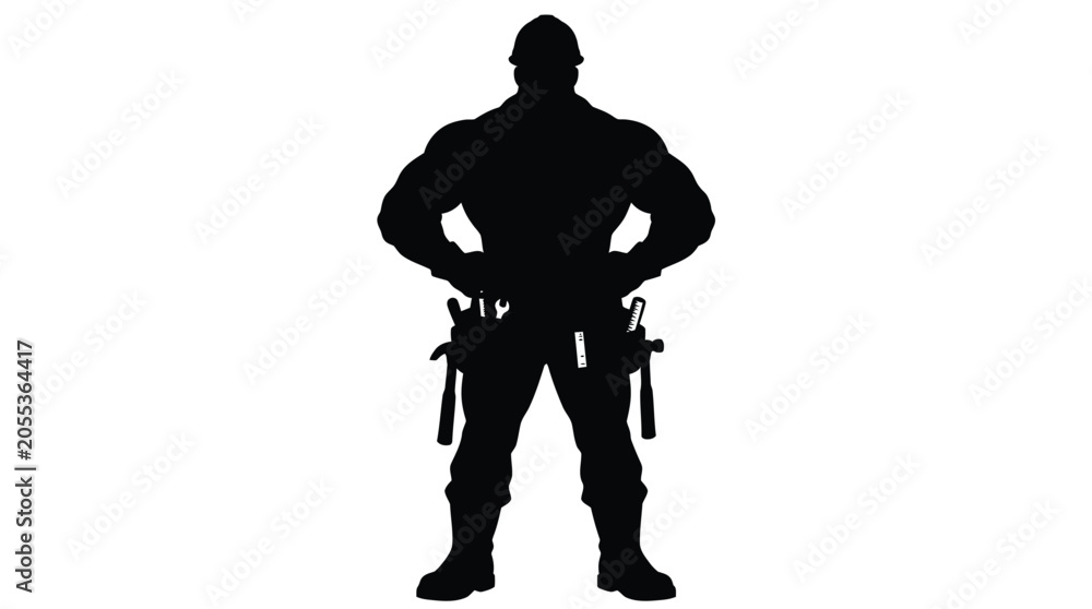 Fototapeta premium Silhouette of a strong construction worker with tools