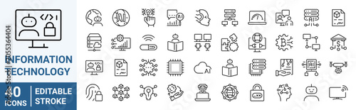 Set of 40 outline icons related to Information technology. Linear icon collection. Editable stroke. Vector illustration