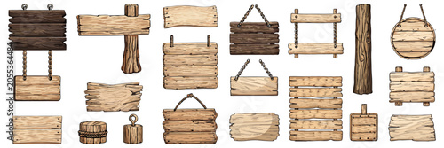 A collection of  rustic wooden signs, textured planks, and hanging banners. This set of vintage empty wood boards, ropes, and log posts perfect for old Western or country-themed signage.
