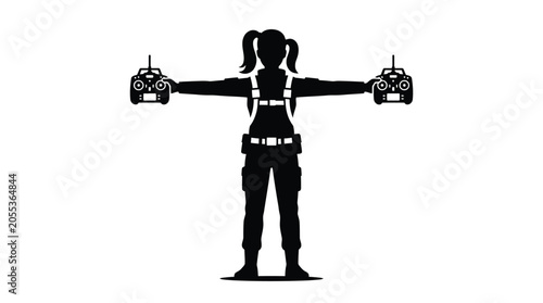 Woman controlling drone with remote controls