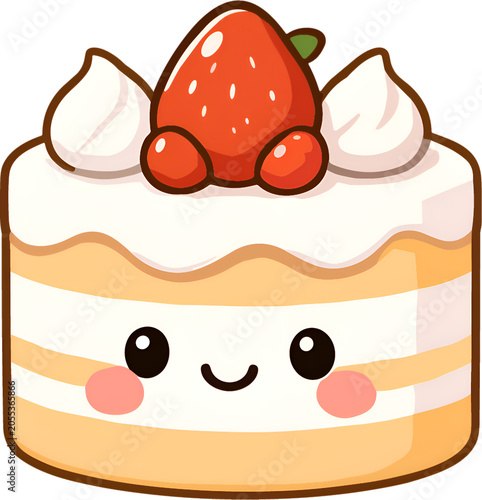 Cute strawberry cake with fondant decorations, isolated on a transparent background, fondant strawberries