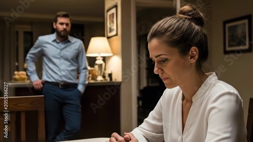 A woman looks visibly distressed as a man stands silently in the background