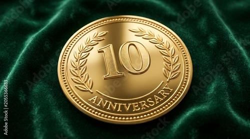 Golden coin with embossed number ten and laurel wreath on dark green velvet background. Celebration of tenth anniversary. Premium award, decorative medallion, symbol of achievement.