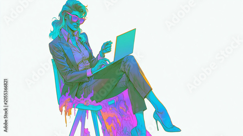 Businesswoman using laptop with glitch effect, technology background