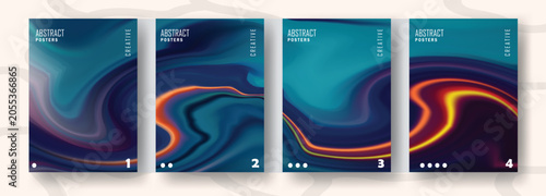 Abstract Poster Background Vector Set with Deep Teal Liquid Marble and Glowing Neon Waves