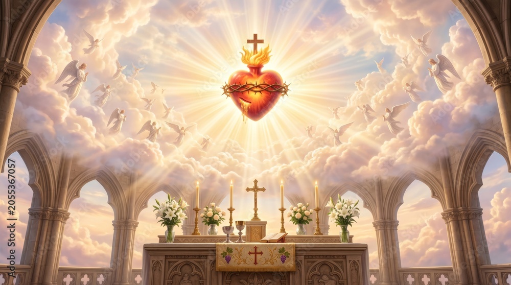 Obraz premium Sacred Heart of Jesus glowing above a church altar. Religious depiction of divine love and grace with angels and heaven scenery. Christian faith worship background for Easter.