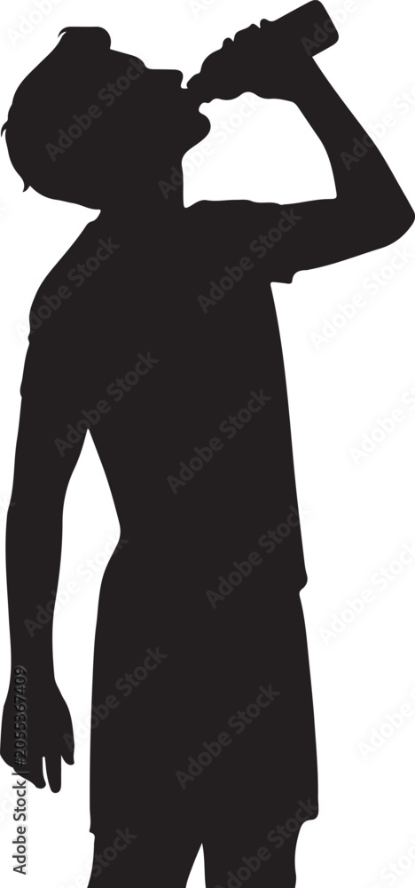 Fototapeta premium Black silhouette of a man drinking from a bottle, side view, vector illustration, isolated on white